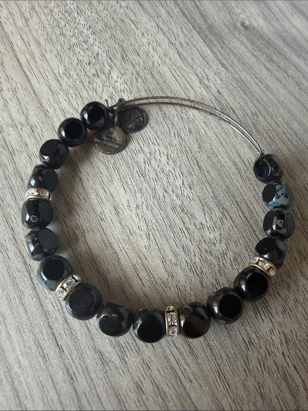 Black Beaded Bangle Bracelet with Crystal Spacers